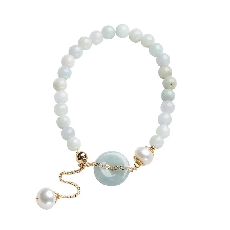 Natural emerald jade peace buckle bracelet with pearl accents and geometric pendant design