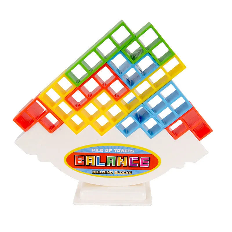 Plastic balance stacking game with coloured blocks, chassis and base for kids and adults