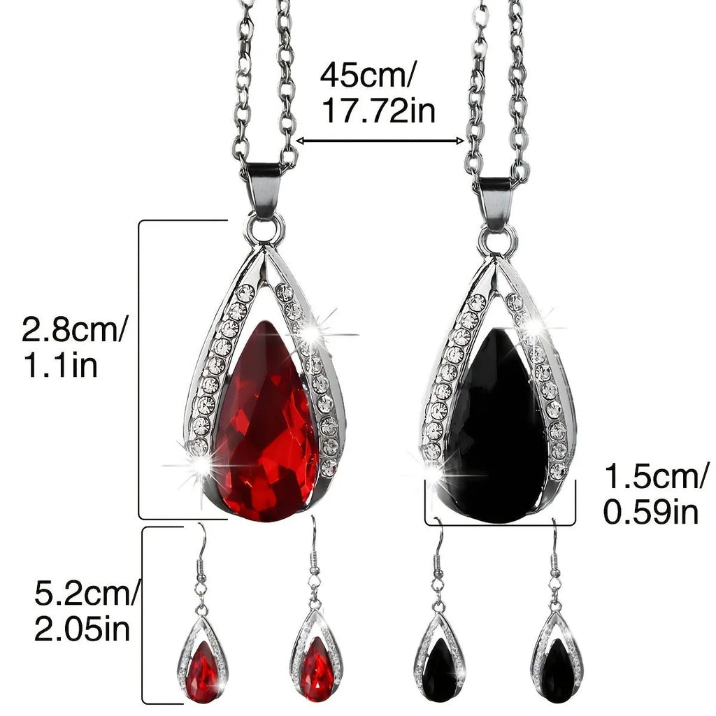 Black and red alloy necklace and earrings set with matching teardrop pendant and droplet earrings.