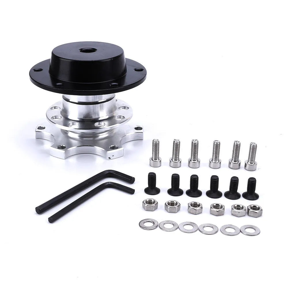 Car steering wheel quick release adapter device in black, red, blue, silver, and gold colour options.