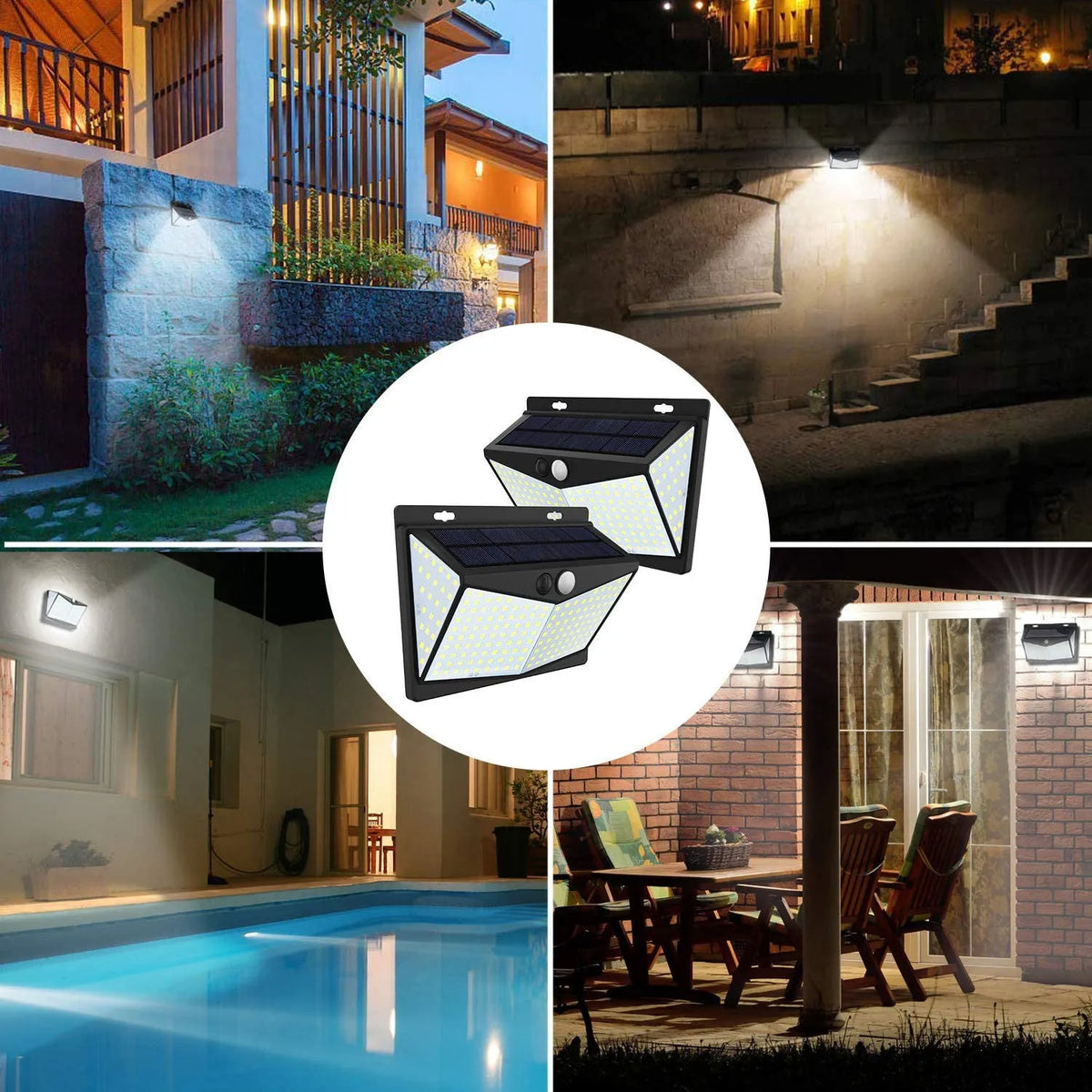 Solar wall lamp with 208 LEDs, motion sensor, and IP65 waterproof rating for garden and yard use.