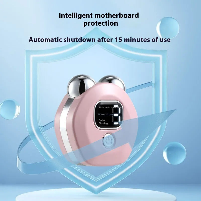 Portable white hot compress massage instrument with a double-roller head for facial micro current treatment.