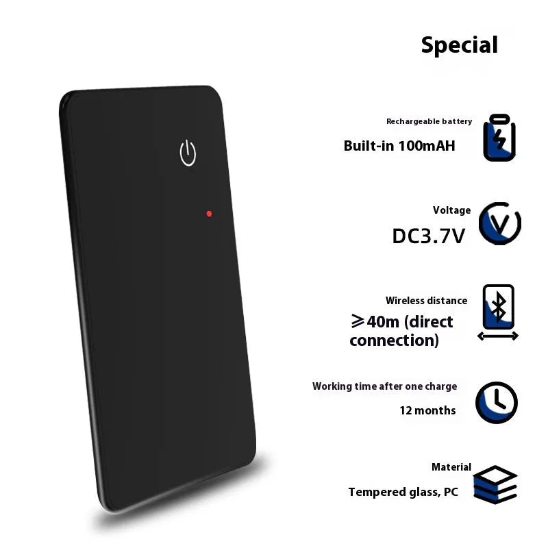 Black rectangular pet tracker card with hanging hole, showing NFC and wireless charging features