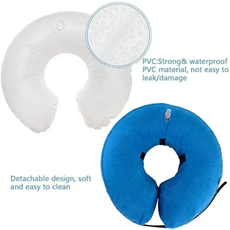 Blue inflatable soft recovery collar for a dog resting after surgery.