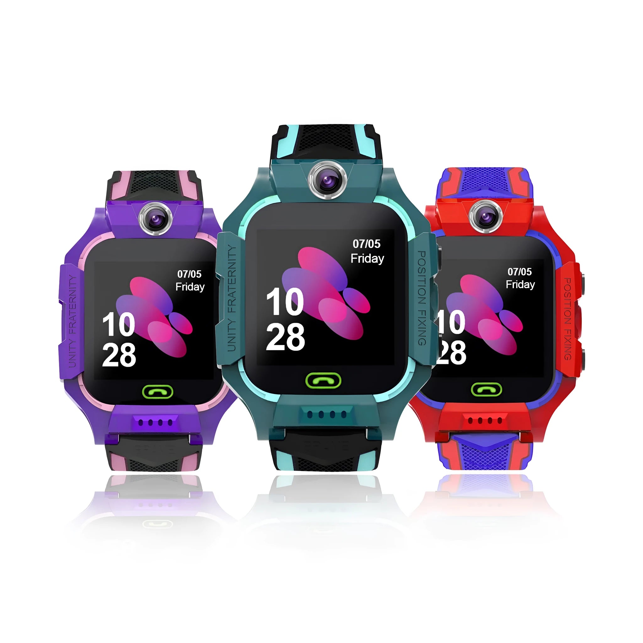 Blue children's smart watch with silicone strap and touch screen on wrist.