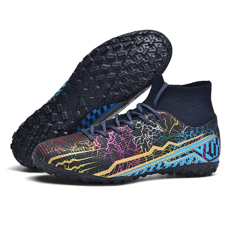 High-top youth spike turf soccer shoes with PVC upper and rubber sole on artificial grass