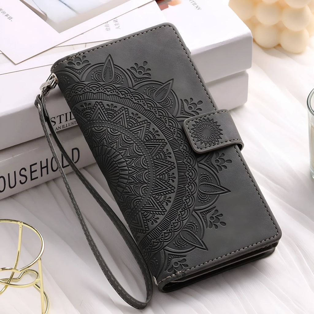 Multi-card embossed totem leather PU zipper phone case for iPhone with card holder in black