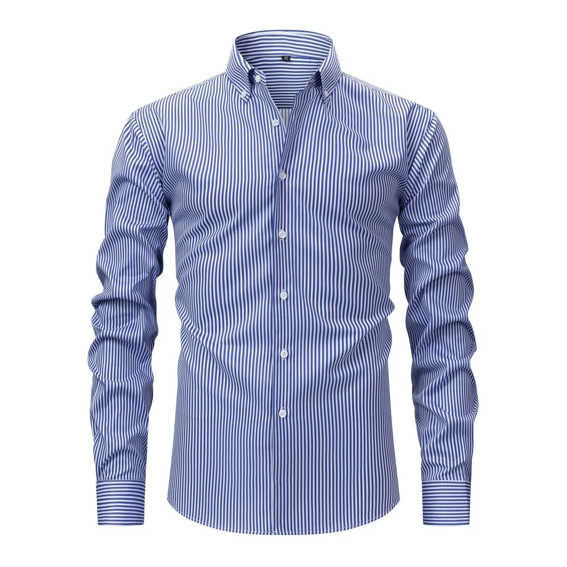 A man wearing a striped non-iron business casual shirt with a lapel collar.