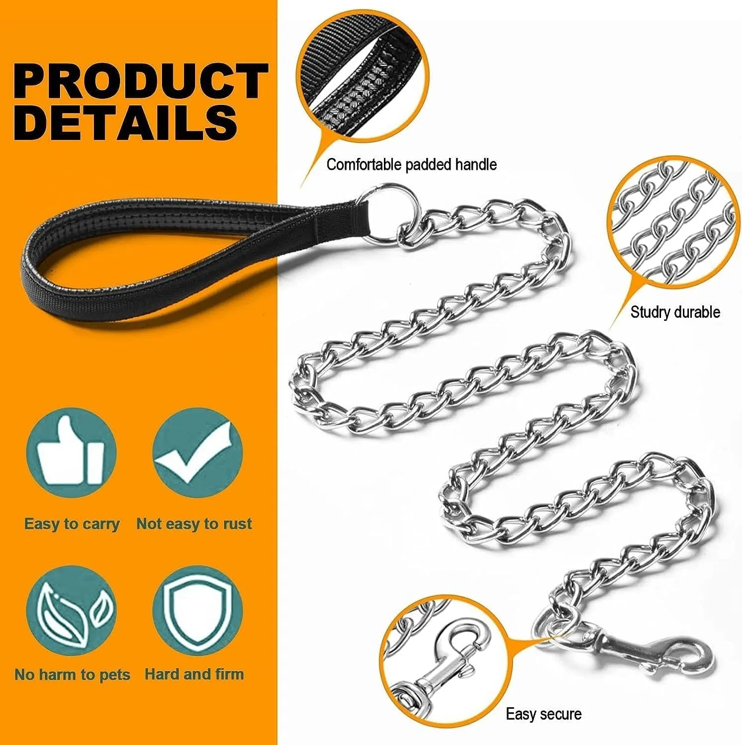 Heavy duty metal dog chain leash with a soft black padded handle, shown with a red colour option.