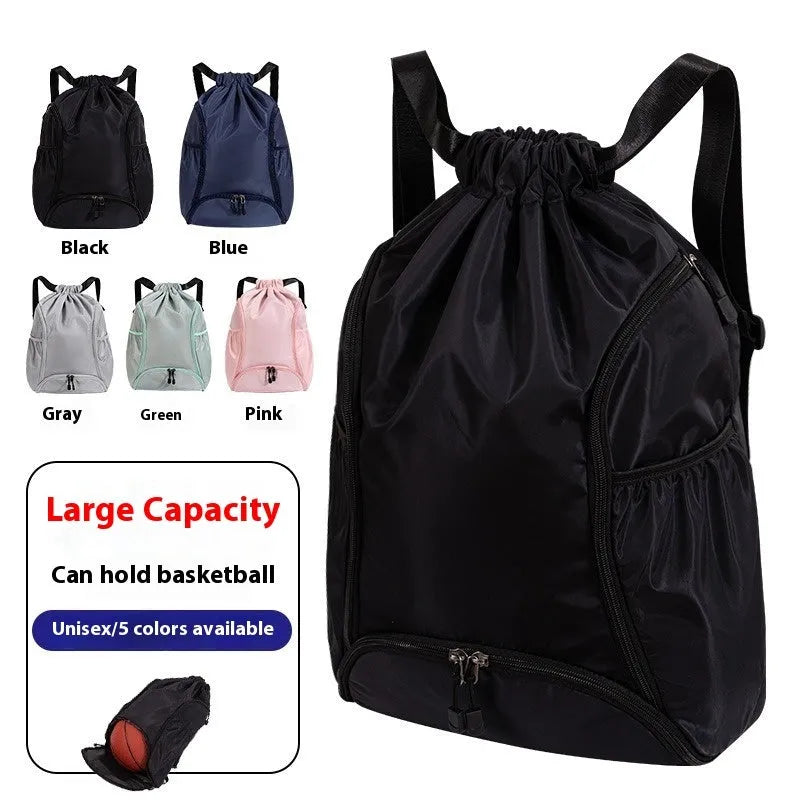 Large black cube-shaped sports backpack with a drawstring top closure, shown on a neutral background.