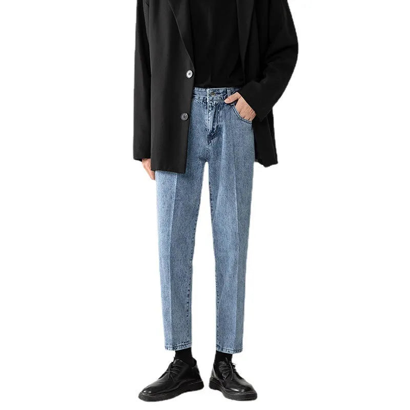 Men's light blue cropped pants, loose straight leg, zip fly, non-ironing polyester denim look, sizes S-3XL