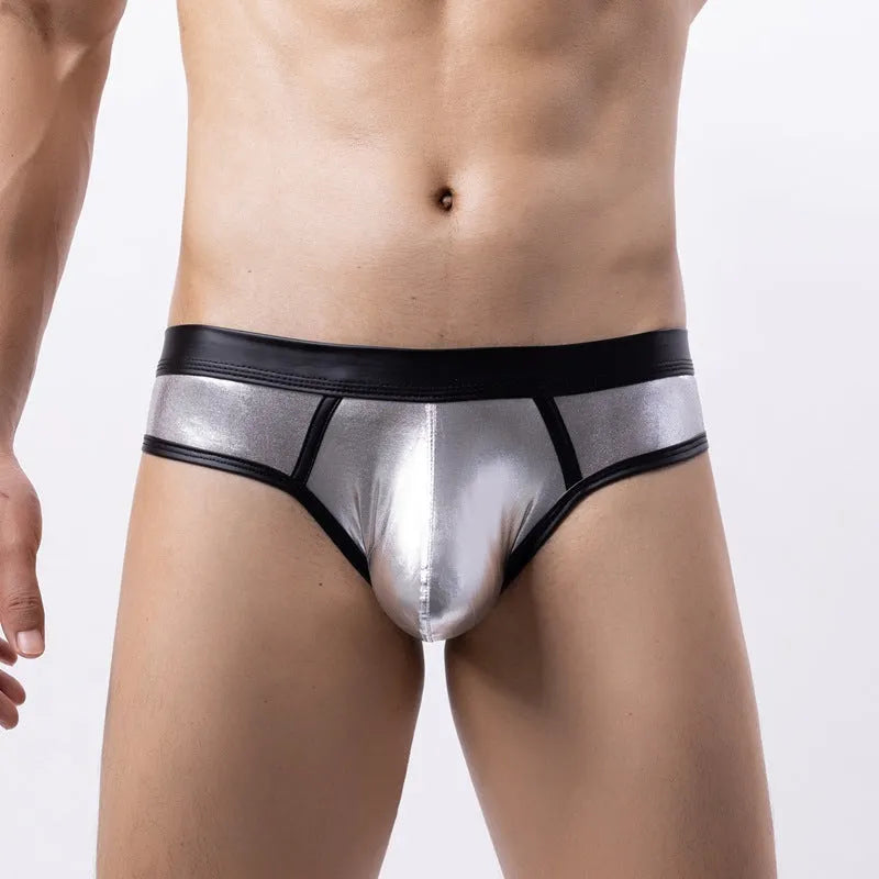 Men's polyester bikini swim briefs in gold, red, silver colours with low waist design