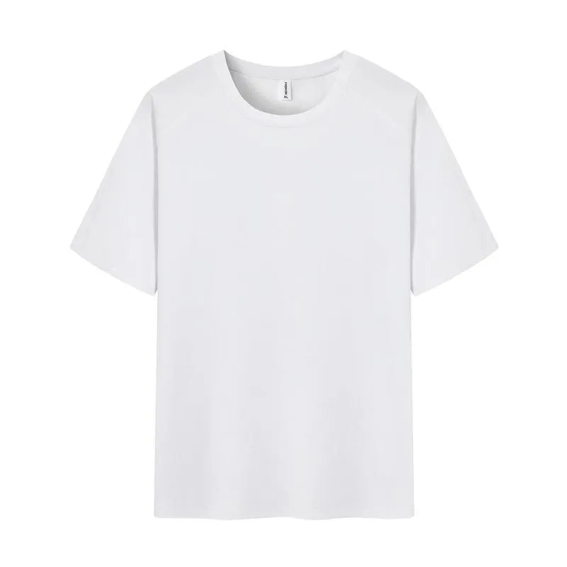 Men's straight cut short sleeve pure cotton T-shirt on a hanger in a solid colour.