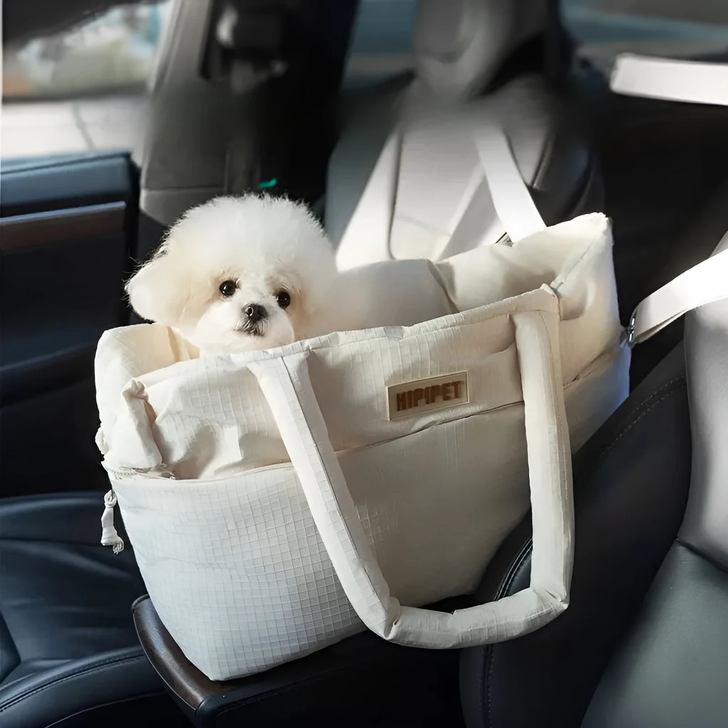 Beige dog car seat pet carrier with adjustable safety leash, plush quilted fabric, for small pets up to 10 pounds