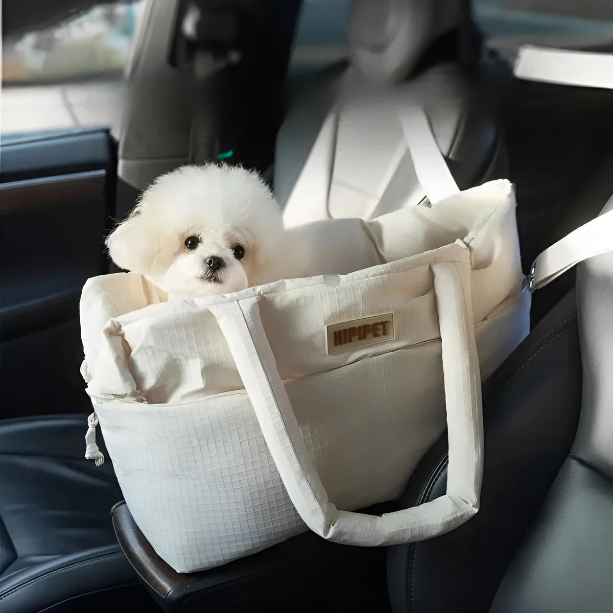 Beige dog car seat pet carrier with adjustable safety leash, plush quilted fabric, for small pets up to 10 pounds