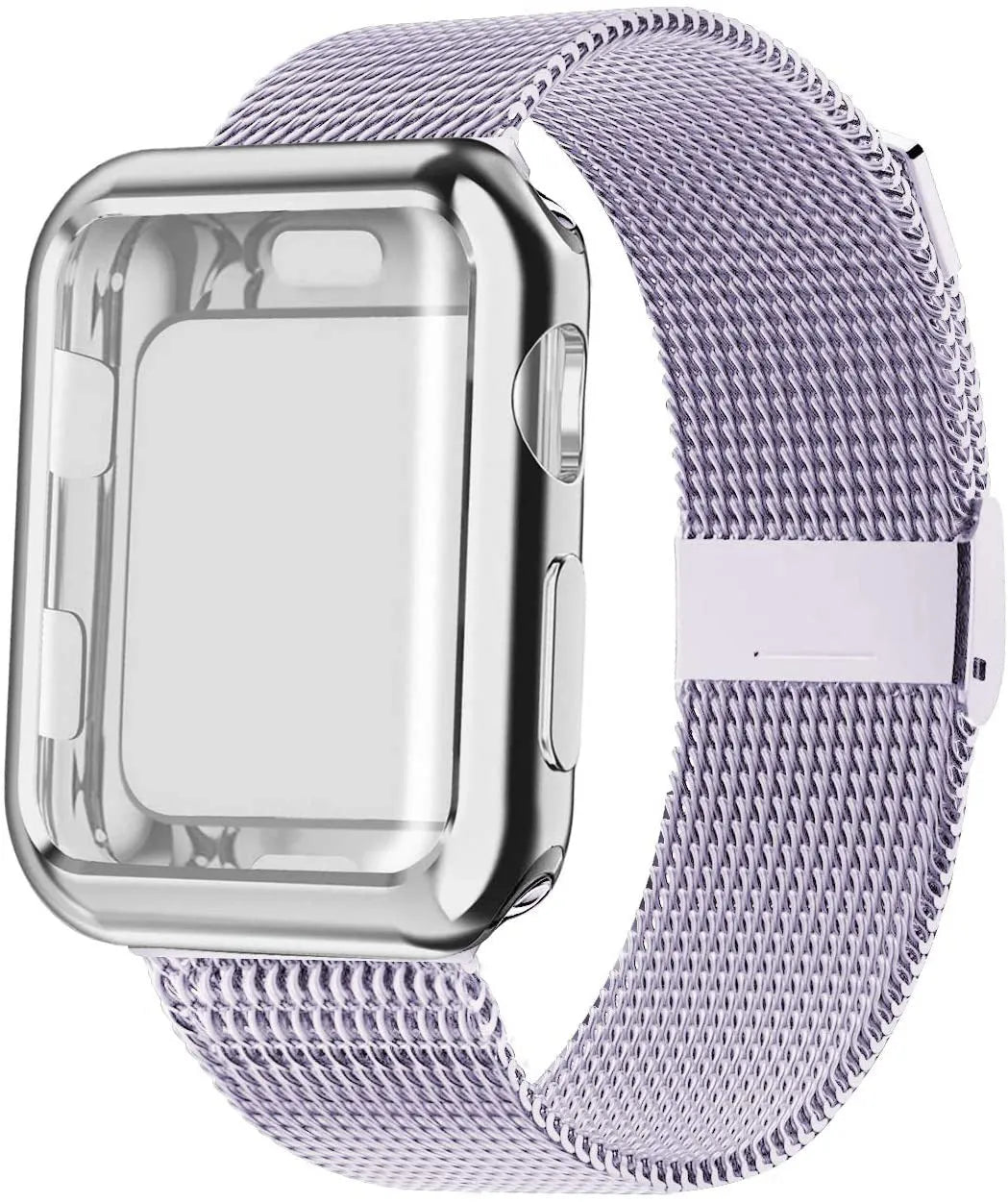 Apple Watch with magnetic Milanese loop metal strap in silver, showing adjustable magnetic clasp.