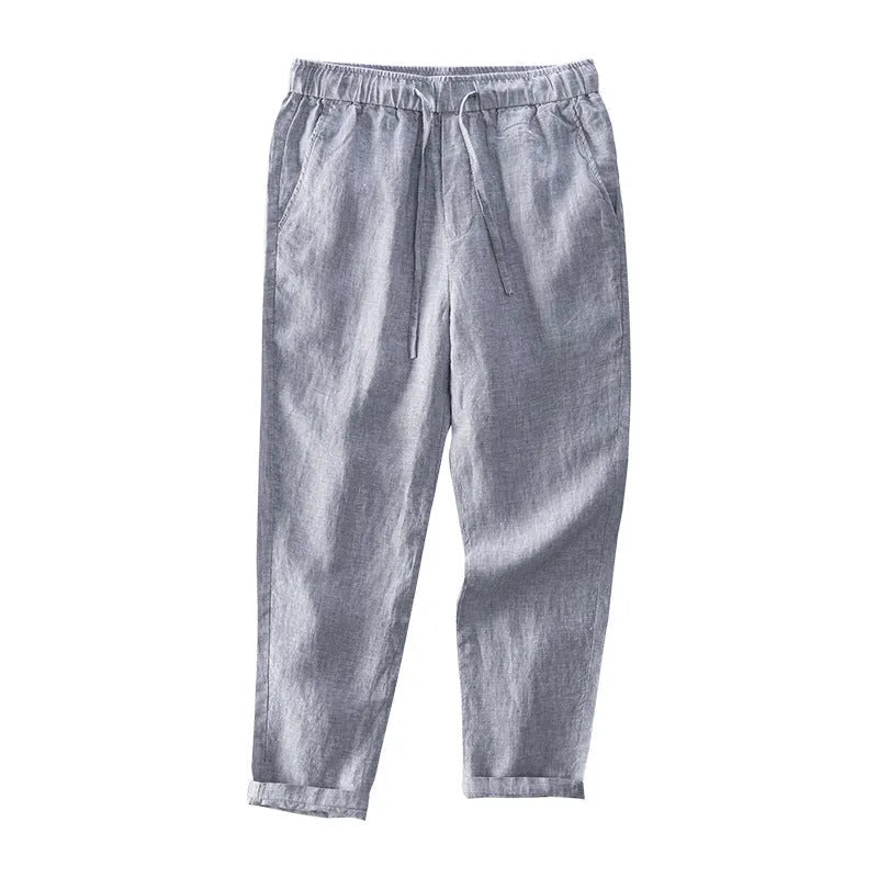 Men's straight-leg linen trousers in mid-waist design showing colour options