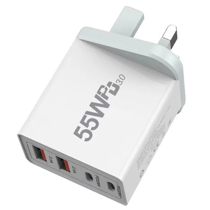 55W multi-port white USB charging plug with Type-C interface on a plain background