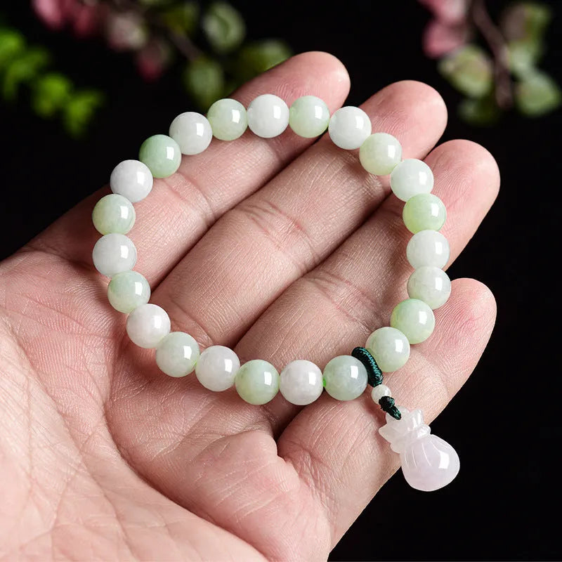 Unisex jade flower purse bracelet with 8mm beads in a national style.