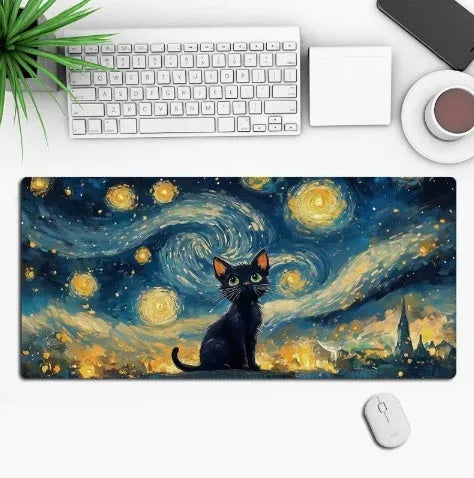 Large black anime-themed gaming mouse pad with non-slip rubber base on a wooden desk.