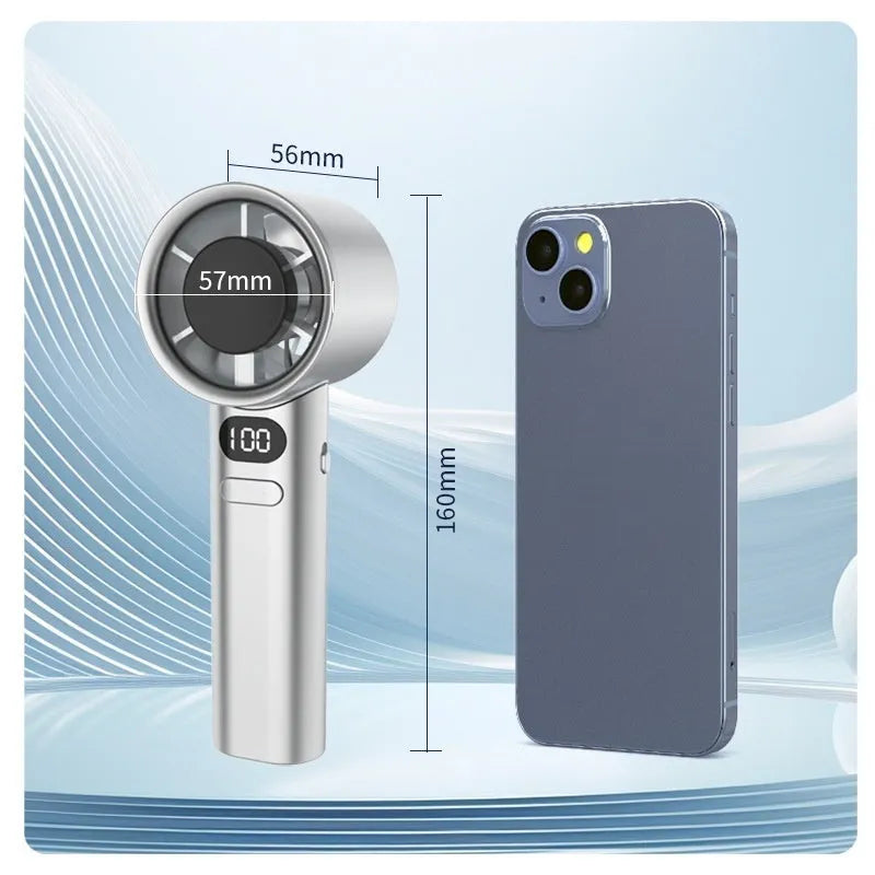 A handheld fan showing variable speed settings, USB port, and available in green, khaki, silver, or white.