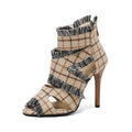 Women's denim plus size high heel sandals in leopard print and plaid patterns, showing extended sizing options.