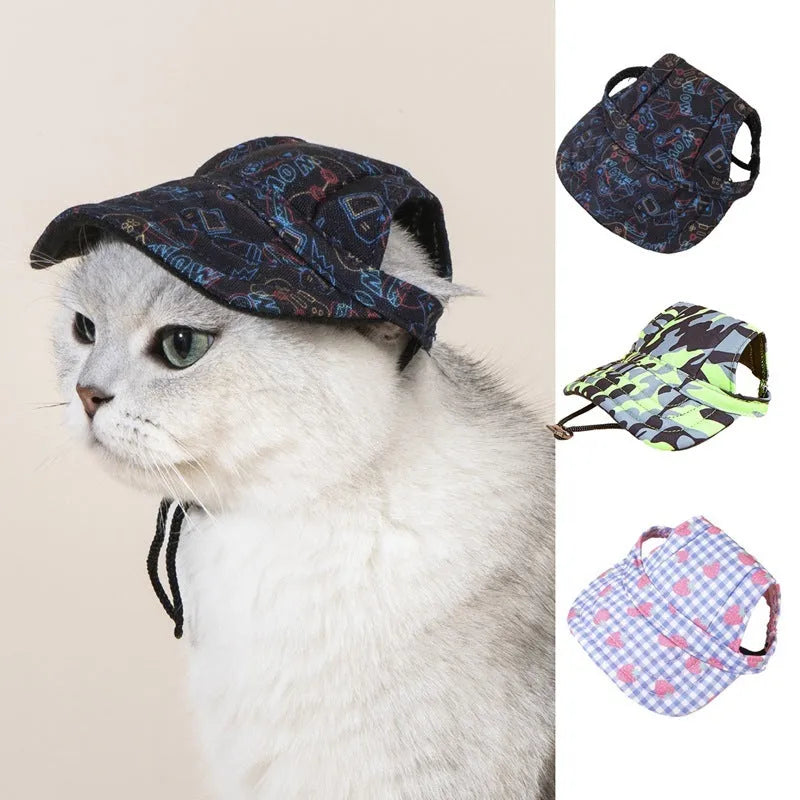 Pet baseball cap in plaid pattern on canvas, featuring a brim for sunshade, with adjustable sizing from S to XL for dogs and cats