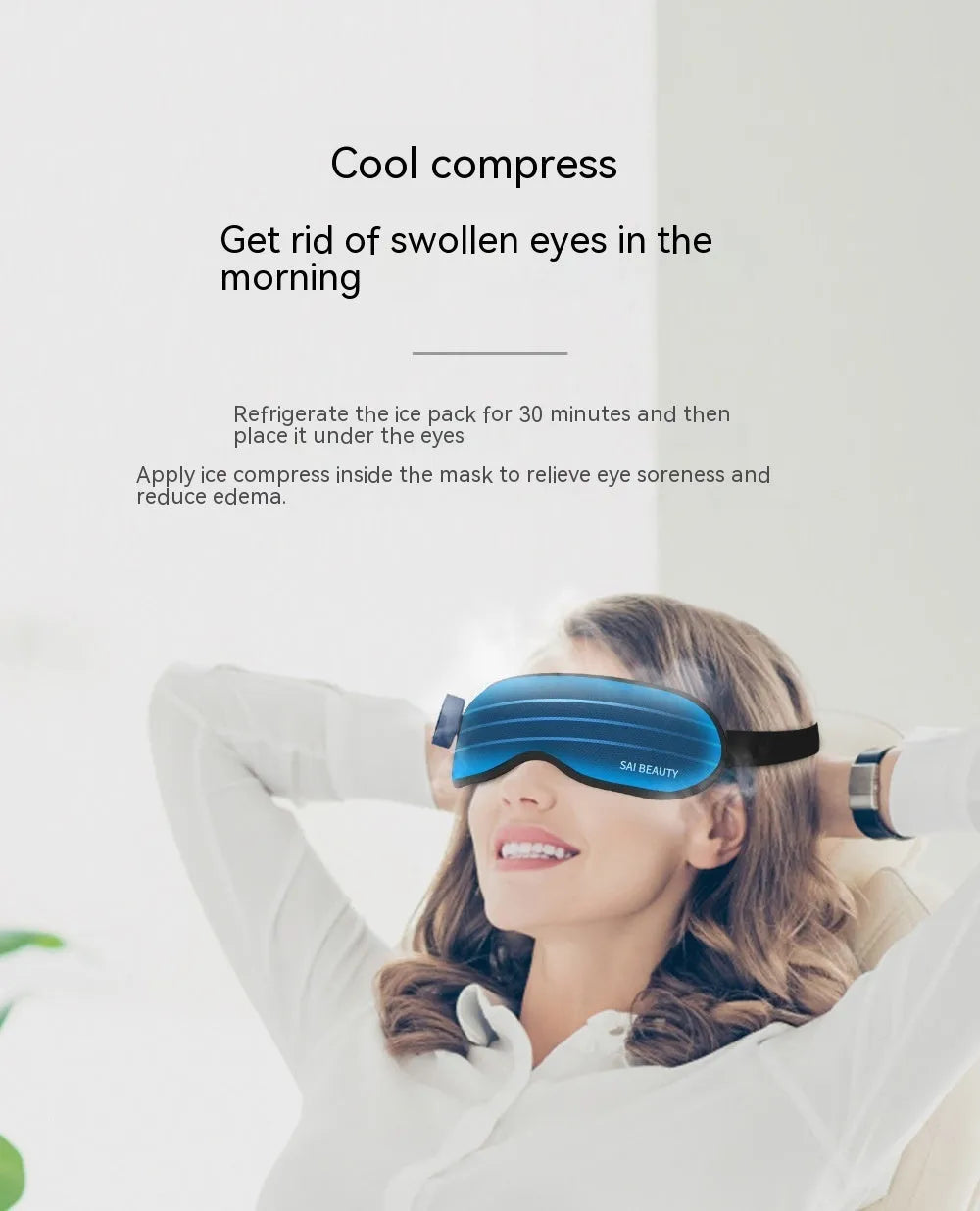 Lycra fabric sleep eye mask with steam and massage functions, shown with USB cable