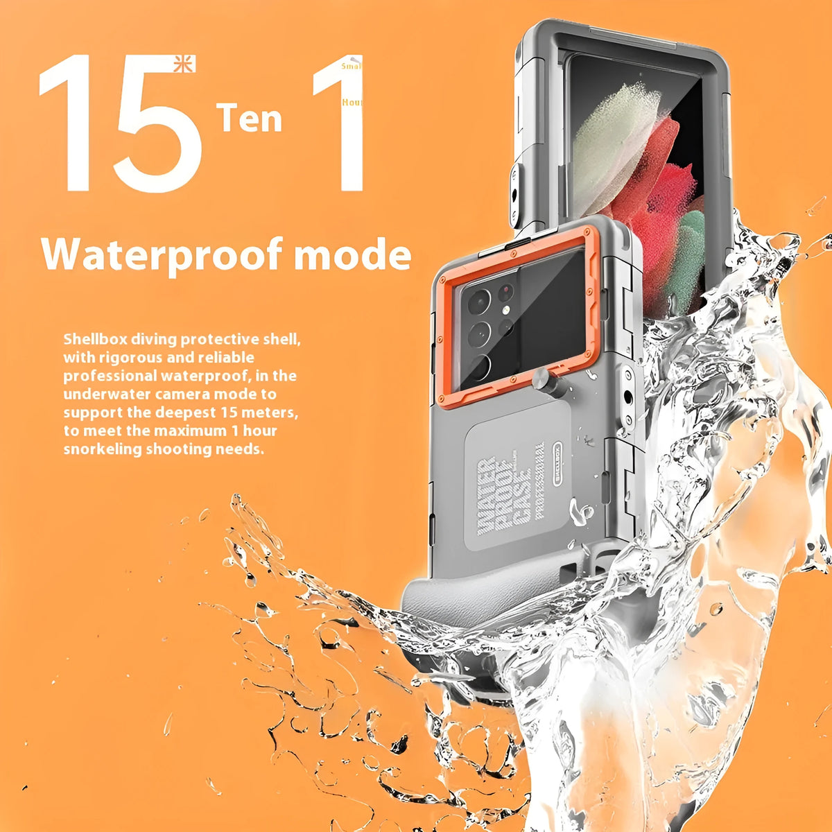 Waterproof diving case for Apple iPhone in blue orange, 195x106x44mm, with TPE PC glass zinc alloy construction.