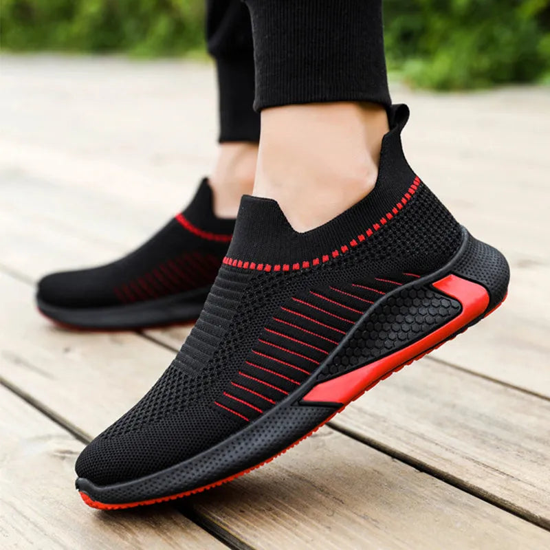 Men's breathable mesh sock shoes with flyknit upper and striped design in low-top slip-on style