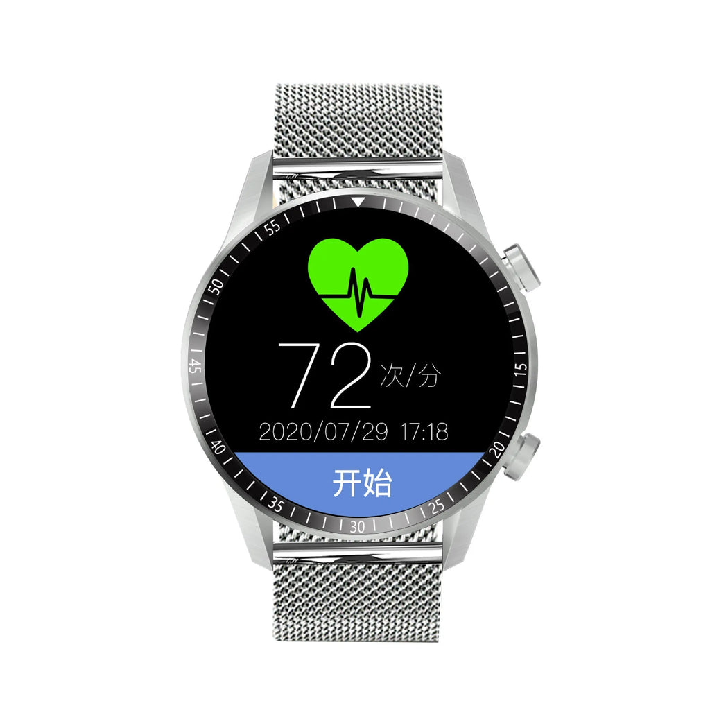 Round aluminium smart watch with Bluetooth calling on a wrist, showing a black watch face.