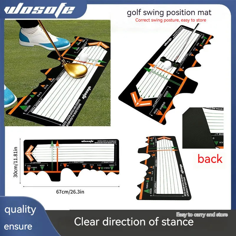 Black neoprene golf swing stance correction training pad on grass