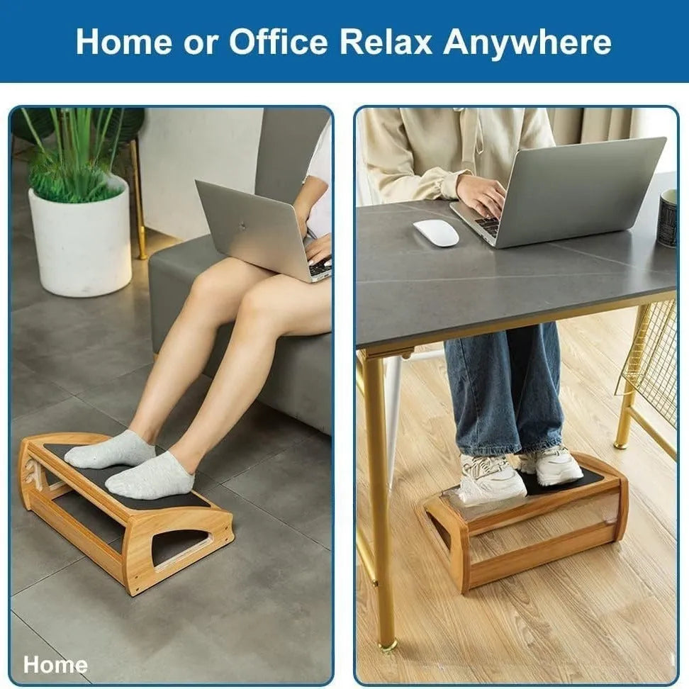 Wooden adjustable height office desk footstool in a natural wood colour.