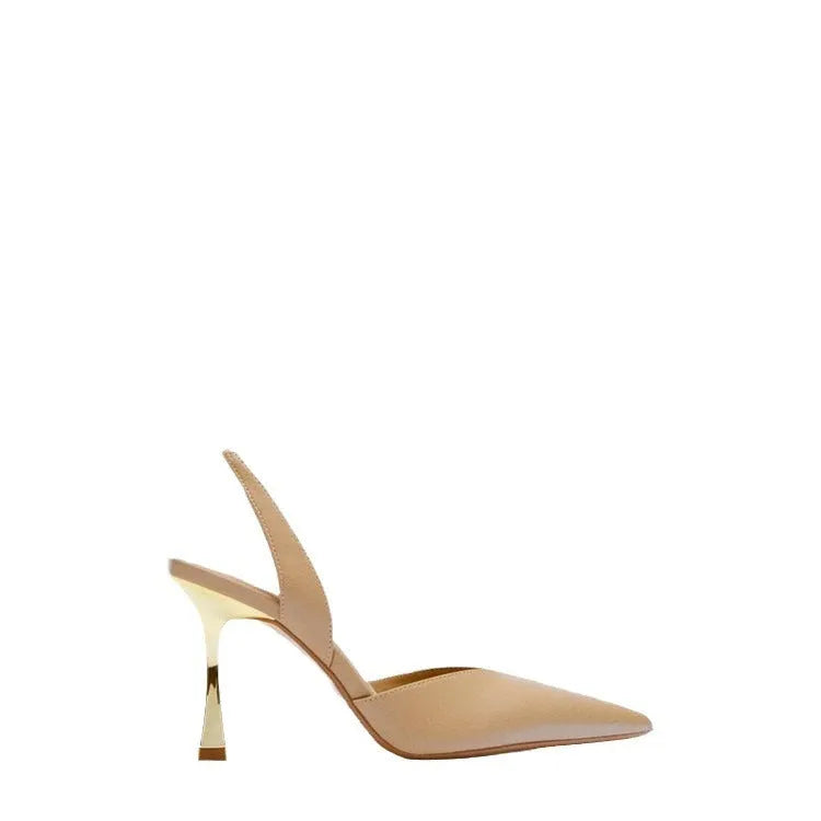 Women's glossy patent leather pointed toe high heels in black and apricot colours on a white background.