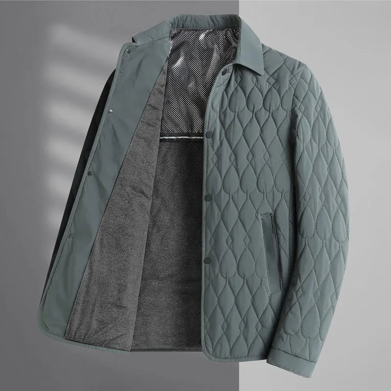 Men's lightweight cotton-padded diamond lattice jacket in black, gray green, and navy blue for autumn winter business casual wear