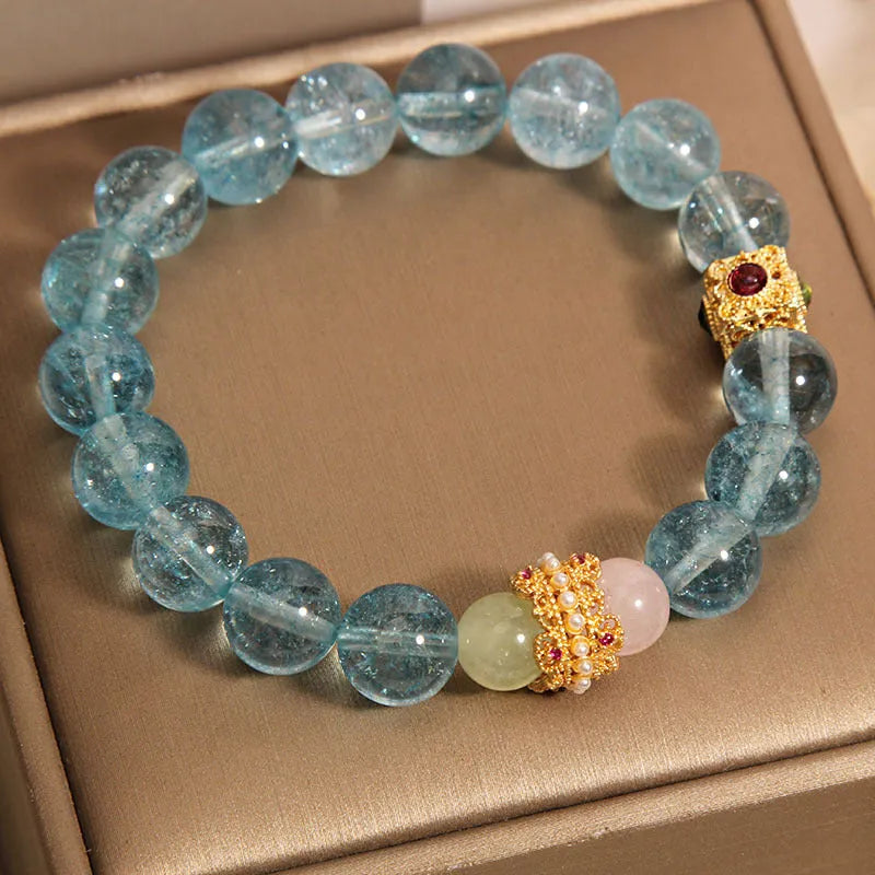 Blue cubic sugar crystal bracelet with Chinese style design and flexible ring