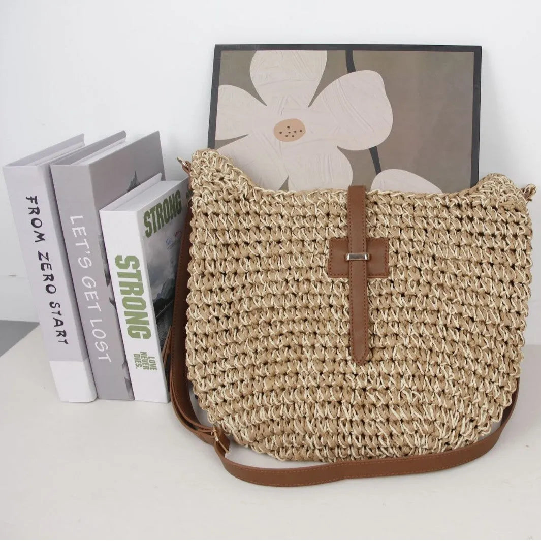 Handmade woven fashion bag with sandwich pocket construction in beige colour