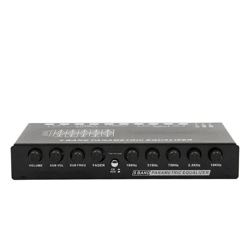 Car audio EQ equaliser unit with front panel controls for frequency and subwoofer volume adjustment