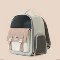 Portable large-capacity breathable cat bag in off-white PU with transparent PVC panels and nylon lining