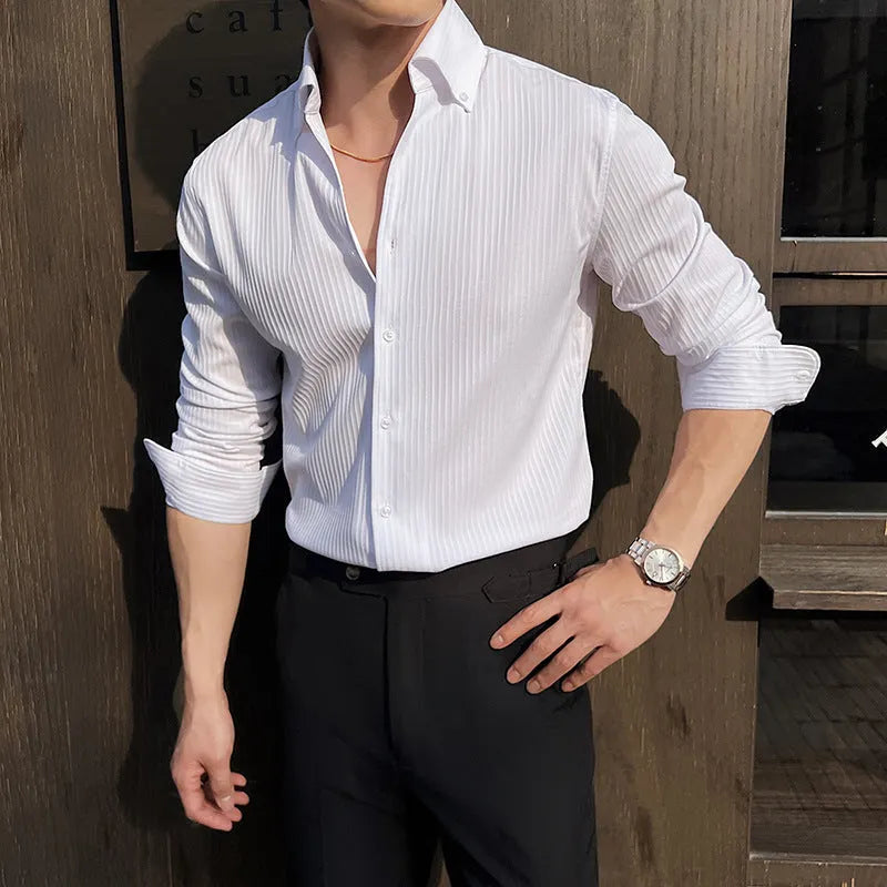 Men's striped V-neck long sleeve casual shirt in polyester blend fabric available in multiple colours