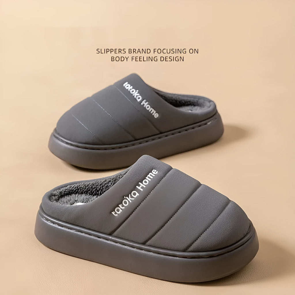 New cotton waterproof fleece lined non-slip platform slippers with EVA sole in khaki colour, flat heel 3.0 cm
