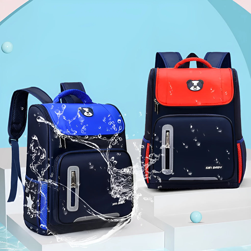Primary school students backpack for 6-12 year olds, nylon, with multiple pockets, in navy blue, showing front view