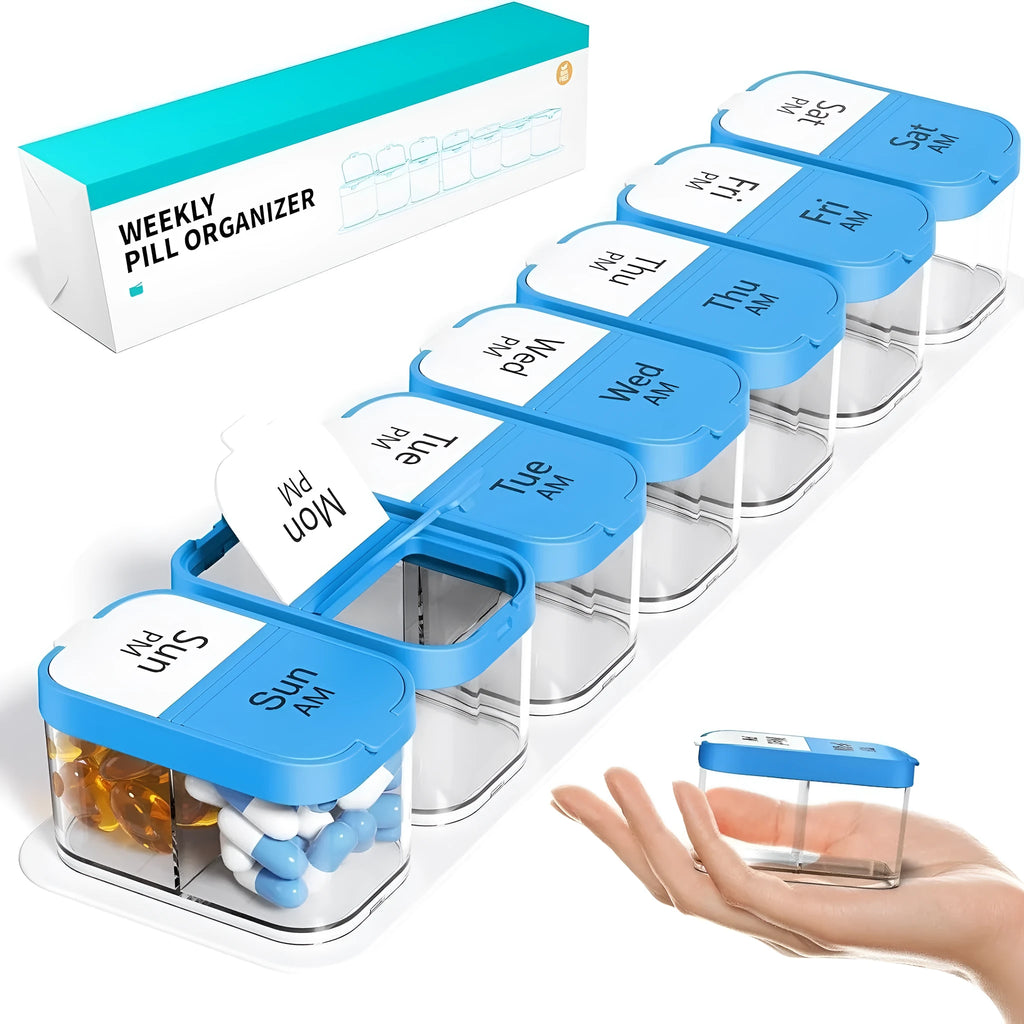 Large white and rainbow coloured plastic pill organiser box with 14 removable compartments, shown open.