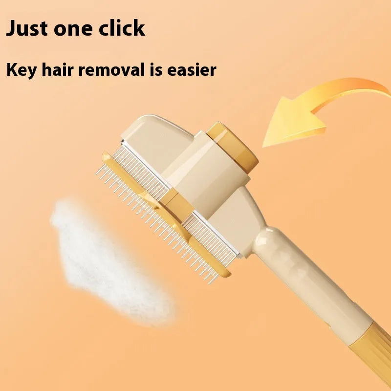 Yellow self-cleaning pet comb with release button and stainless steel teeth for dog and cat grooming