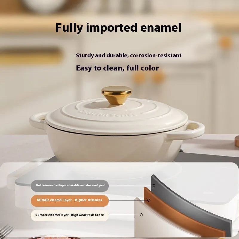 Cream white cast iron soup stew pot with lid, 24cm, uncoated interior, enamel finish