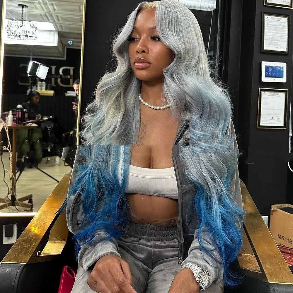 Gradient blue and grey human hair lace front wig in Ruili style on a mannequin head