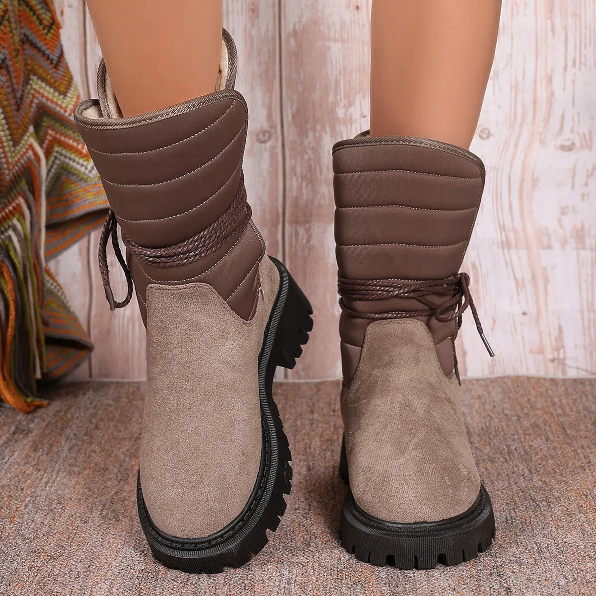 Women's chunky heel high-top snow boots in suede with fleece lining, shown in black, brown, and grey.