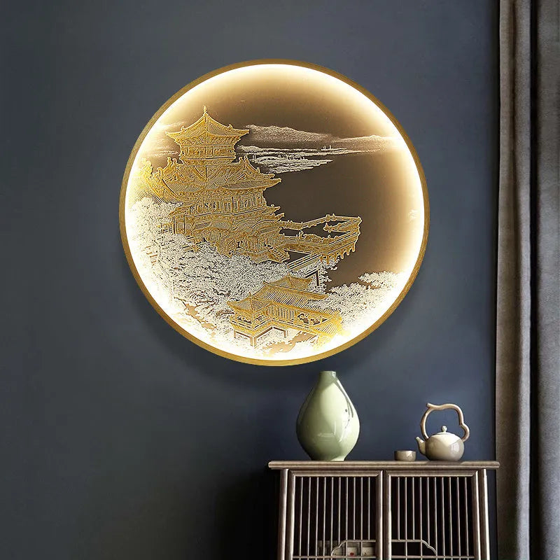 Three dimensional relief decorative painting lamp with landscape mural in metal frame for entryway wall