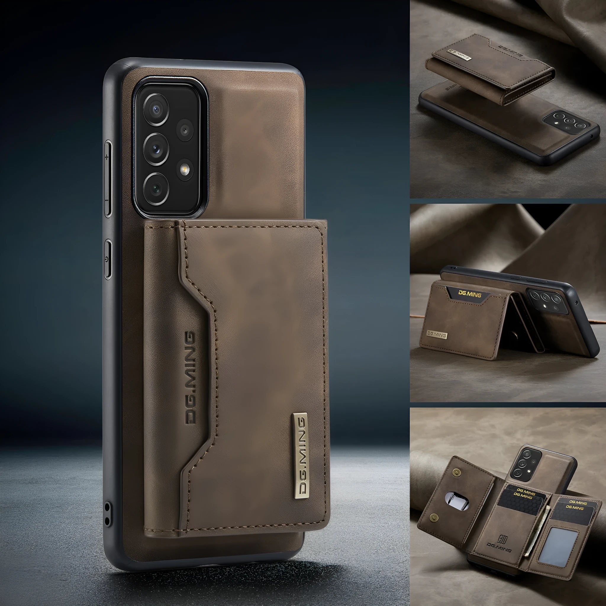 Samsung anti-fall wallet phone case in PU leather with card slot and magnetic bracket, retro style, multiple colours