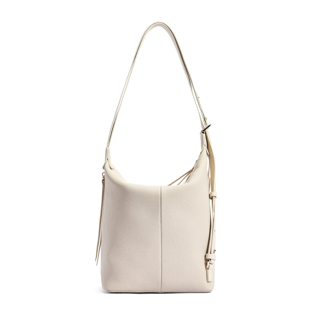 Women's genuine cowhide leather bucket shoulder bag in elephant grey colour showing soft construction and casual styling